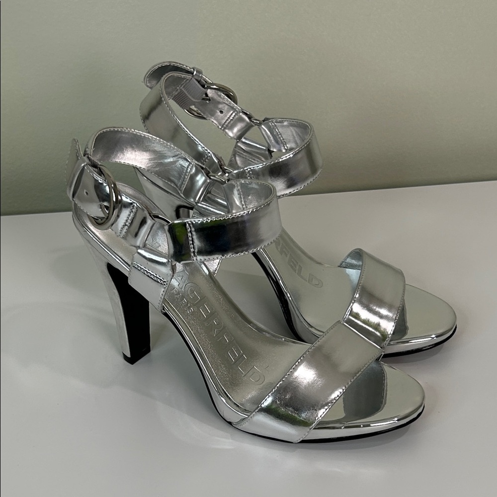 Karl Lagerfeld Silver Metallic Leather Strappy Heels 6 Wedding Party NWT